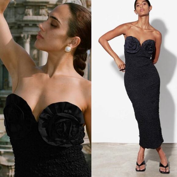 Mara Hoffman Mona Strapless Scrunch Rosette Midi Dress - Picture 1 of 8